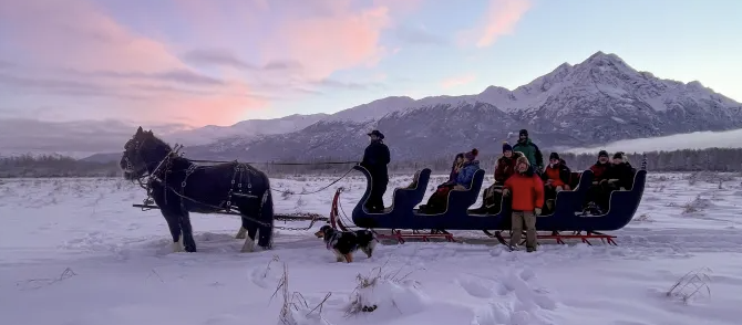 Horse-drawn sleigh ride through snowy Alaska landscape with mountains in background